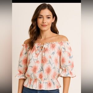 White &Pink Floral Off-Shoulder Peasant Blouse Ruffle Hem Sleeves Women’s Size S